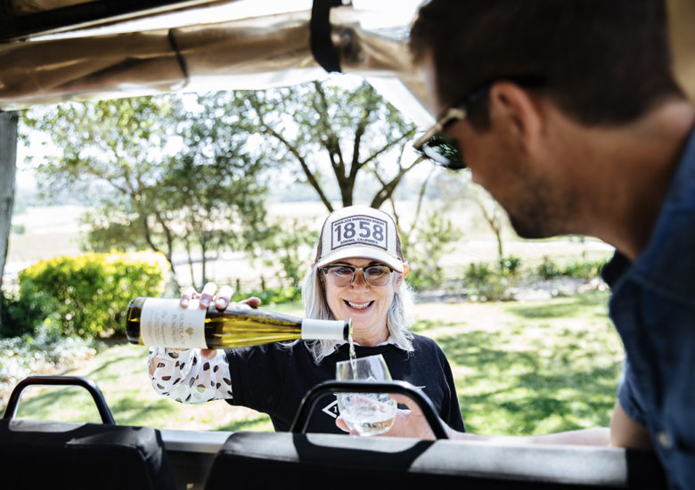 Woman pouring wine into glass from Pinzgauer