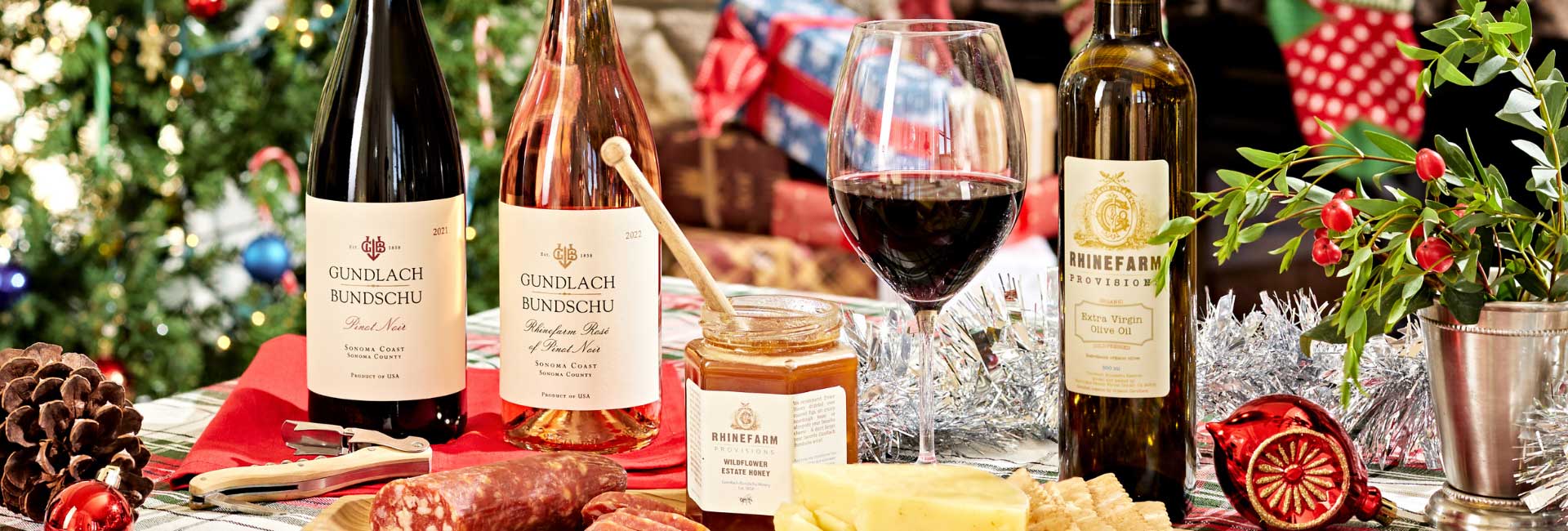 Wine bottles and charcutierie on a holiday table