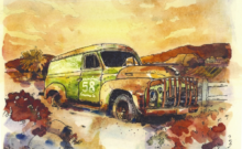 watercolor illustration of Gundlach Bundschu's Bossy Lady vintage truck on their property